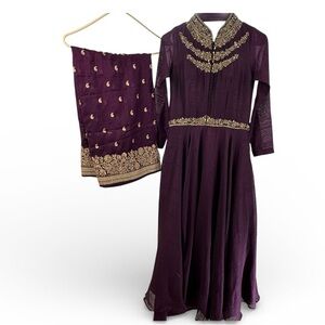 Women’s Small Purple Silk Blend Anarkali Suit Heavy Zari Embroidery 3-Piece NEW
